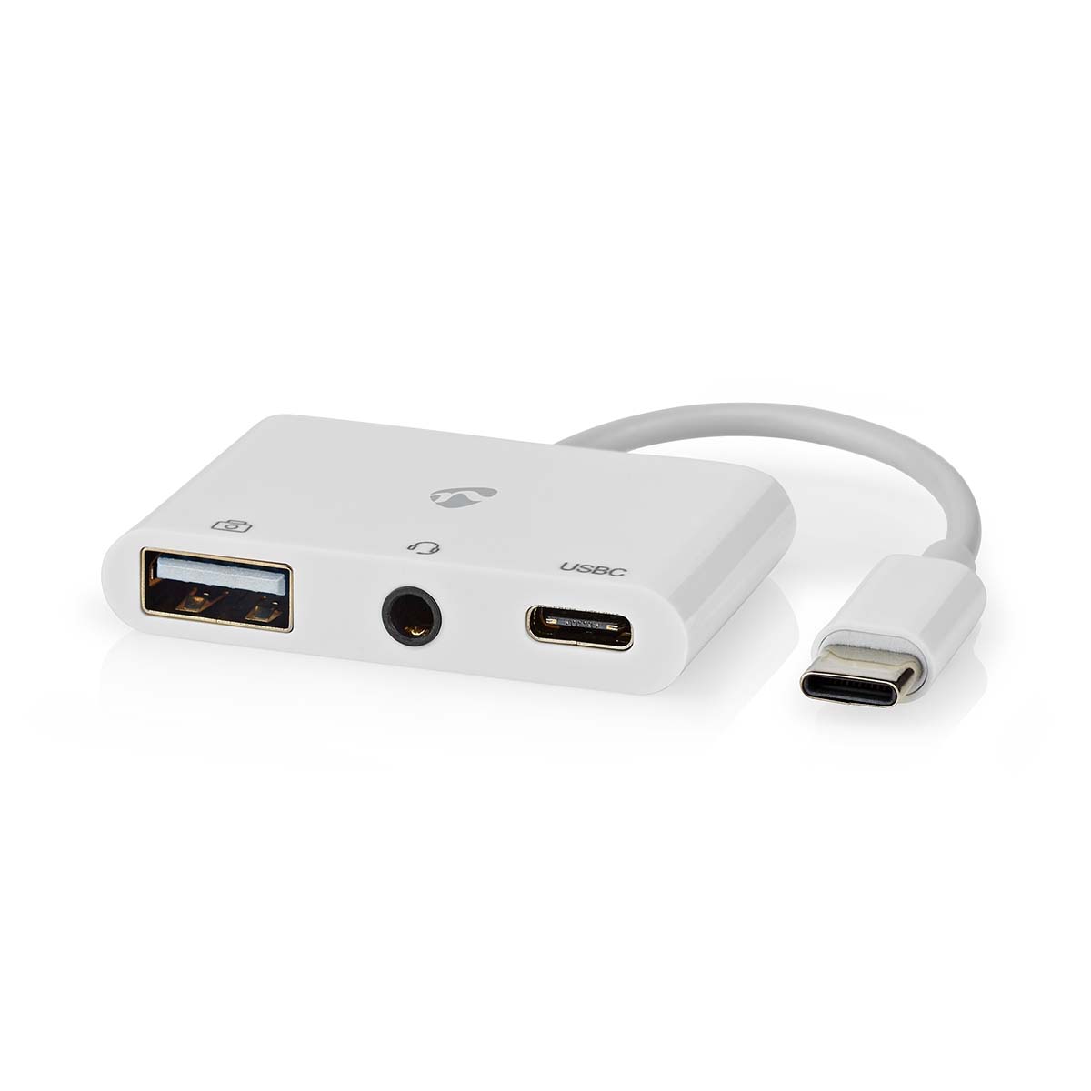 NEDIS USB Multiport Adaptér | USB 2.0 | USB-C™ Zástrčka | USB-A Zásuvka / USB-C™ Zásuvka / 3,5 mm Zásuvka | 480 Mbps | Kulatý | Poniklované | PVC | Bílá | Box