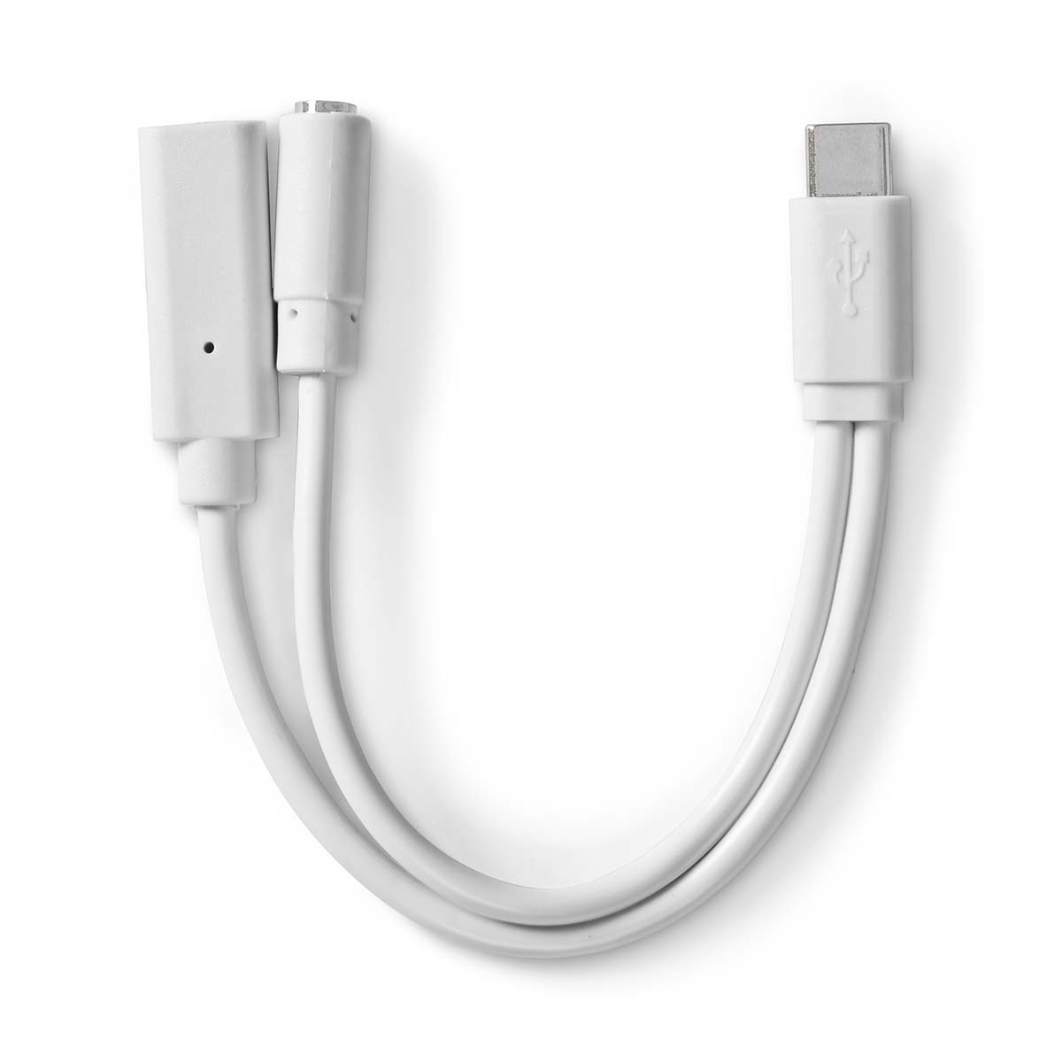 NEDIS USB-C™ Adaptér | USB 2.0 | USB-C™ Zástrčka | USB-C™ Zásuvka / 3,5 mm Zásuvka | 0.10 m | Kulatý | Poniklované | PVC | Bílá | Box