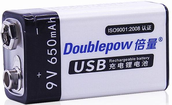 TINKO Nabíjecí baterie Li-ion 9V 650mAh 6F22, Doublepow, napájení USB