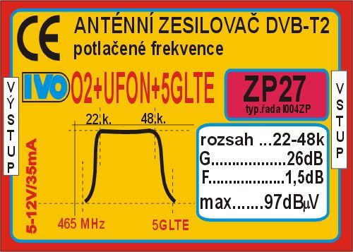 Anténní zesilovač 26dB DVB-T2 nízkošumový s potlačením 02+UFON+5G LTE