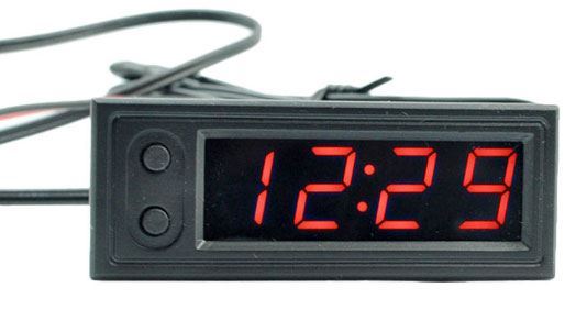 Teploměr,hodiny,voltmetr panelový 3v1, 12V, červený, 2 tepl.čidla