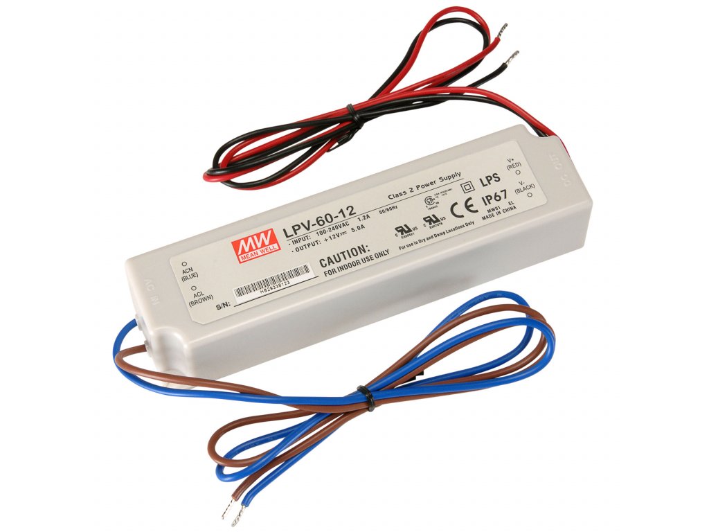 MEAN WELL Zdroj pro LED diody, spínaný 60W 12VDC 5A 90-264VAC IP67 400g